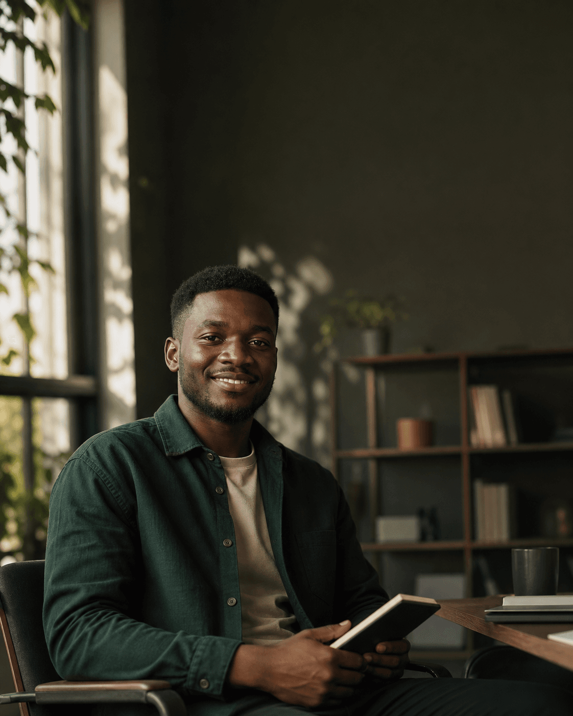 A professional candidate in a calm office setting